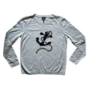 Talbots Lightweight Pullover Gray Nautical Anchor Sweater Beaded Rope Medium P